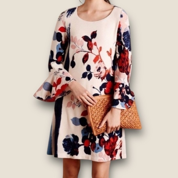 Anthro Maeve Anthousia Knit Floral Swing Dress Cream Combo Small - Picture 1 of 4